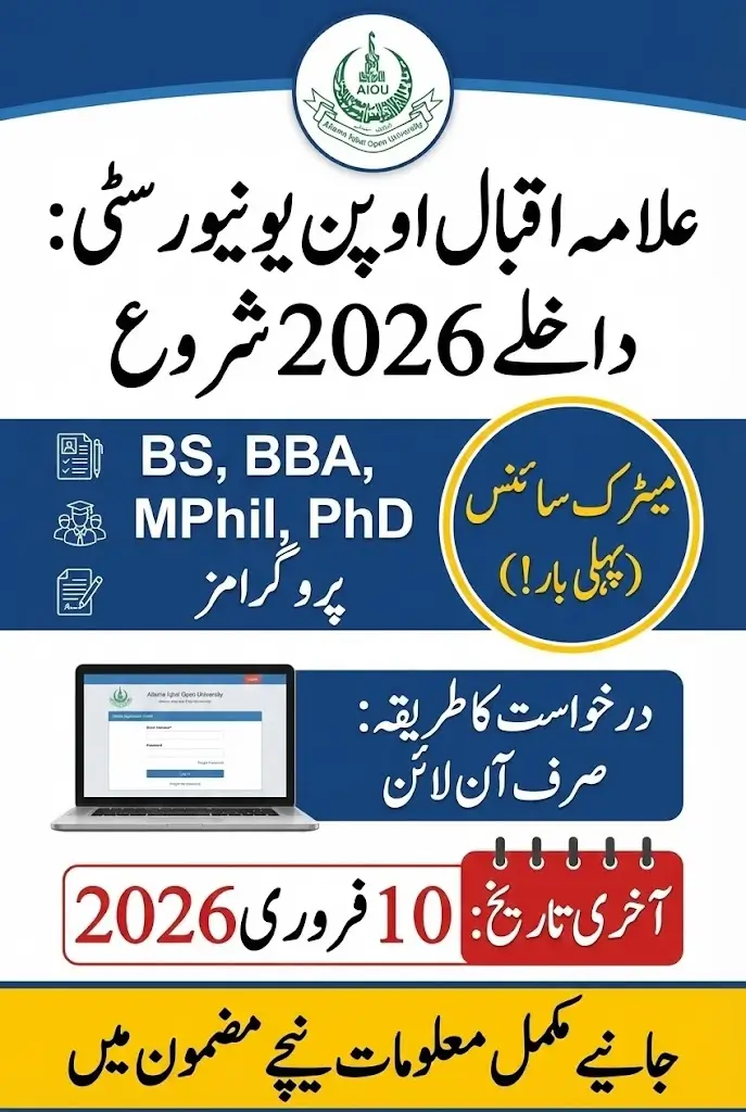 AIOU 2026 Admissions Open: Apply Online For BS, BBA, MPhil, PhD, and Matric Science Programs Before February 10