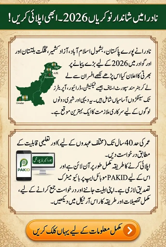 NADRA Announces Multiple Job Openings 2026 Across Islamabad, AJK, Gilgit Baltistan, and Gwadar For IT Experts, Analysts, And Support Staff